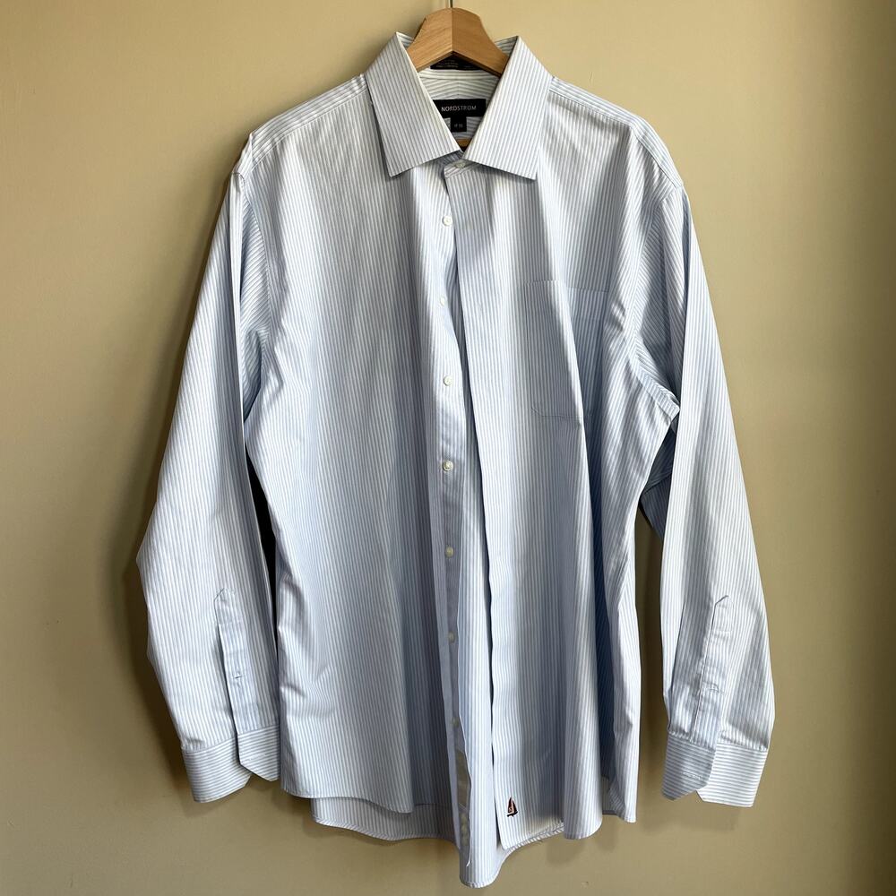 Nordstrom organic cotton smartcare wrinkle-free blue striped shirt men's 17-35‎